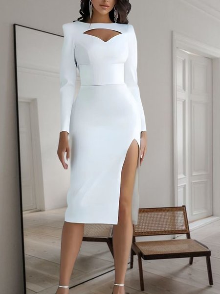 

Long sleeve No Elasticity Others Elegant Plain Tight Party Dress, White, Midi Dresses