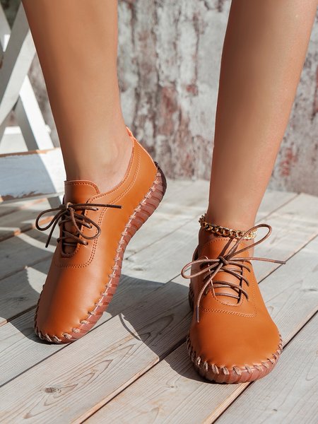 

Plus Size Casual Plain Lace-Up Flat Shoes, Brown, Flats