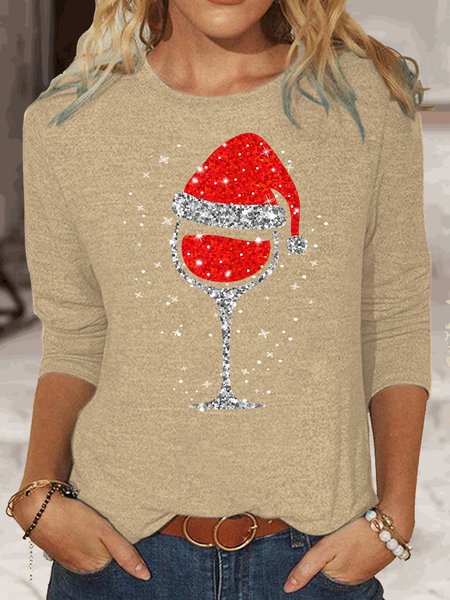 

Women's Christmas Wine Santa Print Crew Neck Casual Top, Apricot, Long sleeves
