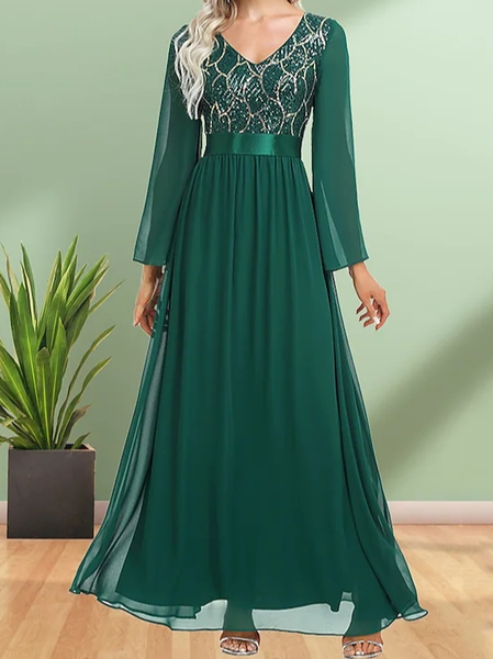 

V Neck Lace Plain Chiffon Urban Dress, Green, Dresses