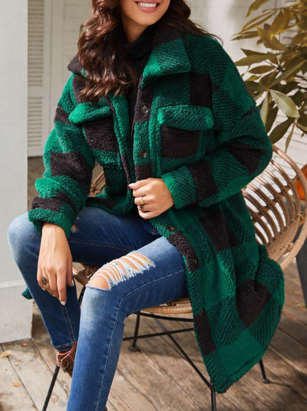 

Green Plaid Lapel Collar Casual Fluff/Granular Fleece Fabric Teddy Jacket, Outerwear