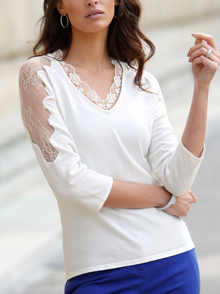 

Plain Urban Loose V Neck Top, White, Long sleeve tops