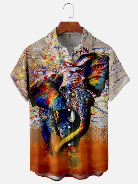 

Elephant Painting Chest Pocket Short Sleeve Casual Shirt, Khaki, Men Shirts