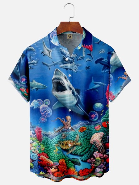 

Sea Animals Chest Pocket Short Sleeve Hawaiian Shirt, Blue, Men Shirts
