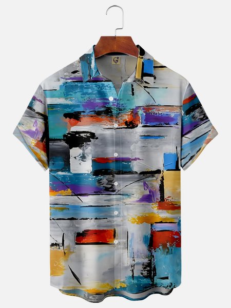 

Abstract Painting Chest Pocket Short Sleeve Casual Shirt, Gray, Men Shirts