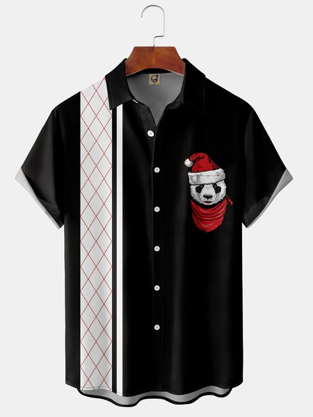 

Christmas Panda Chest Pocket Short Sleeve Shirt, Black, Men Shirts