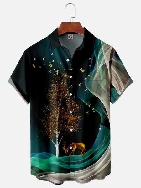 

New Year Reindeer Chest Pocket Short Sleeve Casual Shirt, Green, Men Shirts