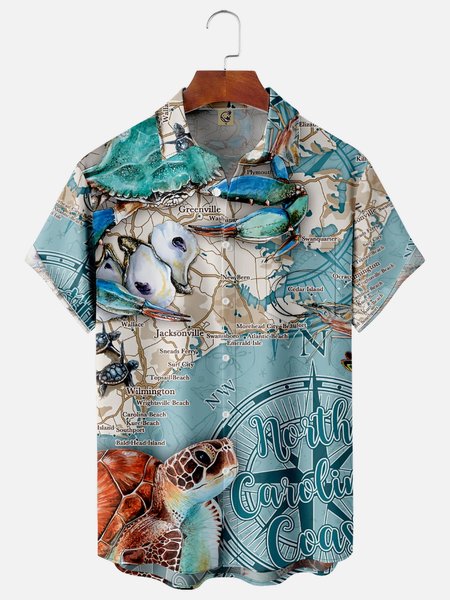 

Sea Animals Chest Pocket Short Sleeve Hawaiian Shirt, Blue, Men Shirts