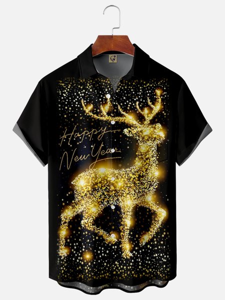 

Elk Chest Pocket Short Sleeve Casual Shirt, Black, Men Shirts