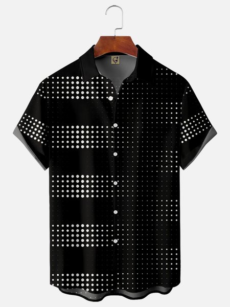 

Geometric Chest Pocket Short Sleeve Casual Shirt, Black, Men Shirts