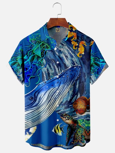 

Sea Animals Chest Pocket Short Sleeve Hawaiian Shirt, Blue, Men Shirts