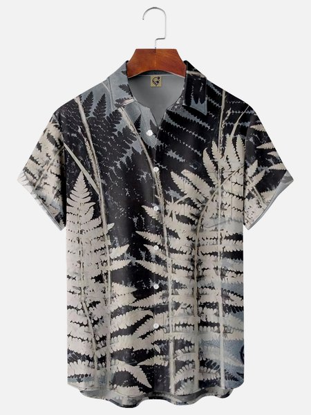 

Leaves Chest Pocket Short Sleeve Hawaiian Shirt, Black, Men Shirts