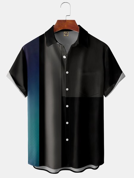 

Geometric Chest Pocket Short Sleeve Casual Shirt, Black, Men Shirts