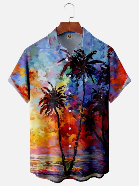 

Coconut Tree Painting Chest Pocket Short Sleeve Hawaiian Shirt, Blue, Men Shirts