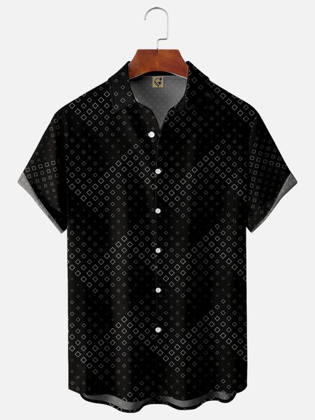 

Geometric Chest Pocket Short Sleeve Casual Shirt, Black, Men Shirts