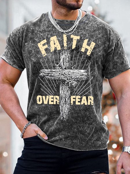 

Men's Faith Over Fear Graphics Print Casual Text Letters Loose T-Shirt, Black, T-shirts