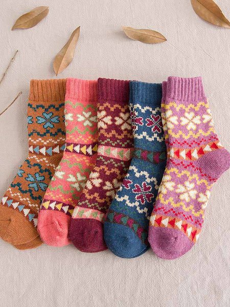

Ethnic Rabbit Wool Heart Pattern Socks Sets Thickened Warm Accessories, Multicolor, Socks