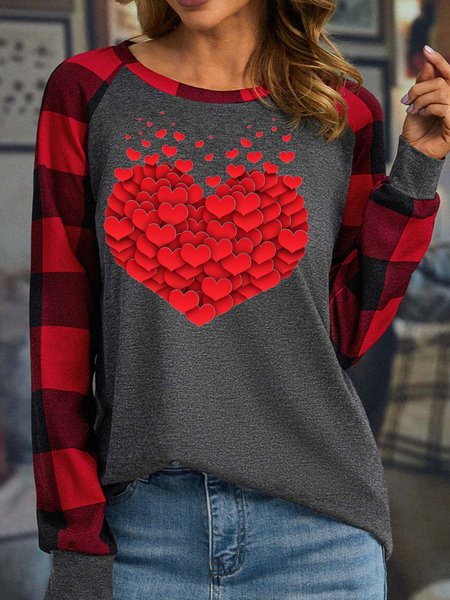 

Women’s Valentine Cordate Pattern Polyester Cotton Heart/Cordate Loose Casual Top, Gray, Long sleeves
