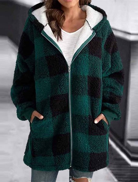 

Loose Plaid Casual Hoodie Teddy Jacket, Dark green, Coats