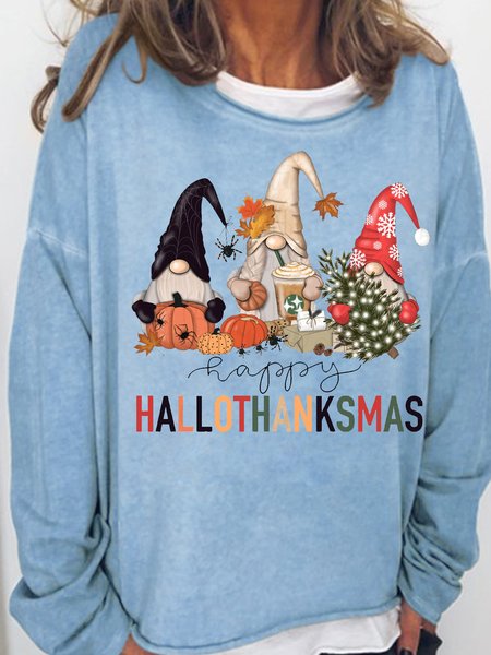 

Women's HalloThanksmas Gnomes Holiday Letters Casual Sweatshirt, Light blue, Hoodies&Sweatshirts