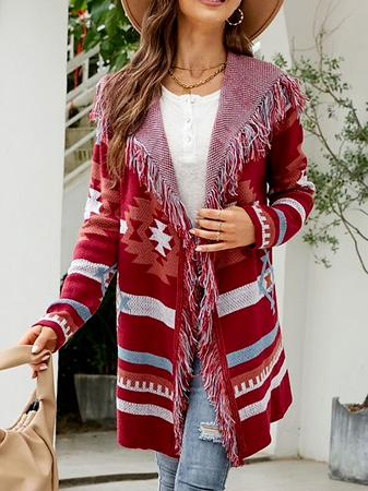 

Color Block Cotton-Blend Casual Sweater Coat, Red, Cardigans