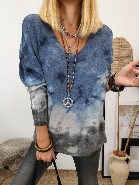 

Gradient V-Neck Loose Long Sleeve Top, Blue, Tops