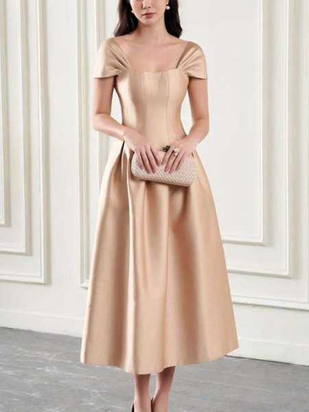 

Cap sleeve Elegant Satin Square Neck Party Dress, Apricot, Maxi Dresses