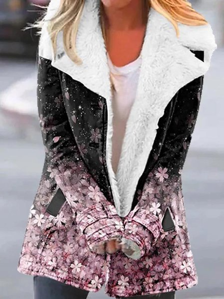 

Shawl Collar Casual Floral Teddy Jacket, Black, Coats
