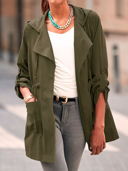 

Casual Plain Loose Hoodie Drawstring Trench Coat, Army green, Trench Coats