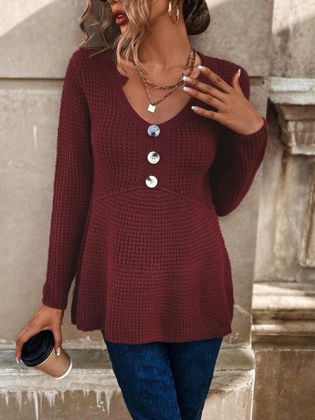 

Loose Plain Button V Neck Casual Sweater, Datered, Sweaters