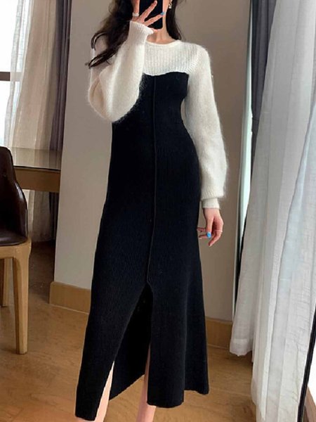 

Daily Crew Neck Elegant Long sleeve Color Block Dress, Black, Midi Dresses