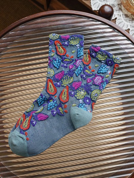 

Casual Cotton Fruit Floral Pattern Embroidered Socks Everyday Sympathy Versatile Accessories, Light blue, Socks