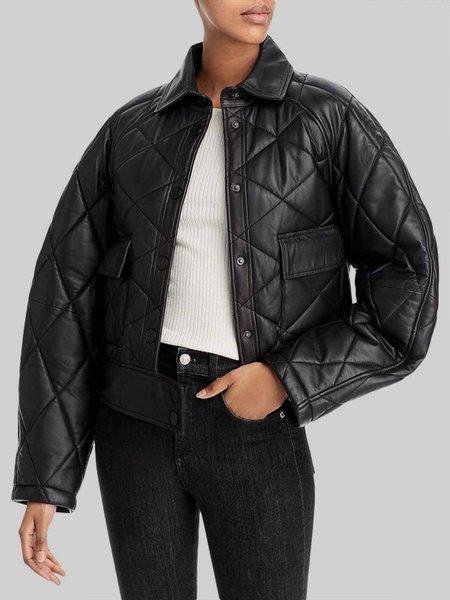 

Long sleeve Regular Fit Shirt Collar Pu Urban Fleece Coat, Black, Others