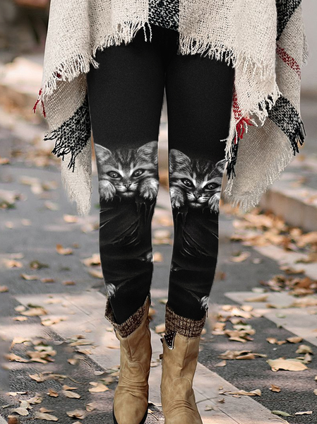 Women‘s Simple Regular Fit Black Cat Leggings, Leggings