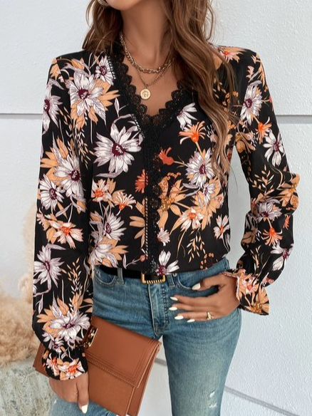

Casual Floral V Neck Regular Fit Top, Black, Tops