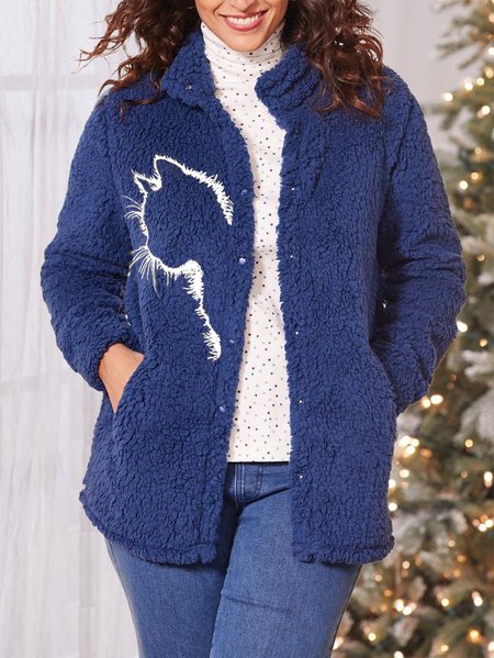 

Fluff/Granular Fleece Fabric Plain Shawl Collar Casual Teddy Jacket, Blue, Outerwear