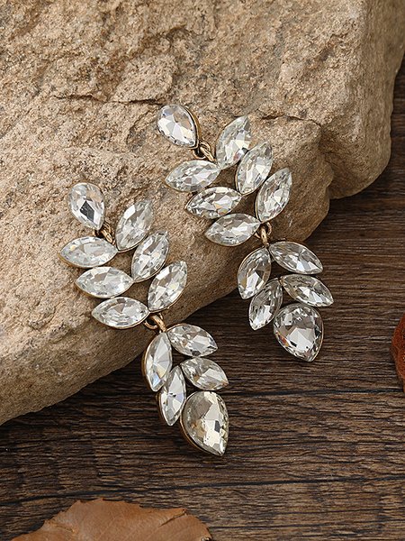 

Party Banquet Full Diamond Leaf Earrings Wedding Anniversary New Year Jewelry, Silver, Earrings