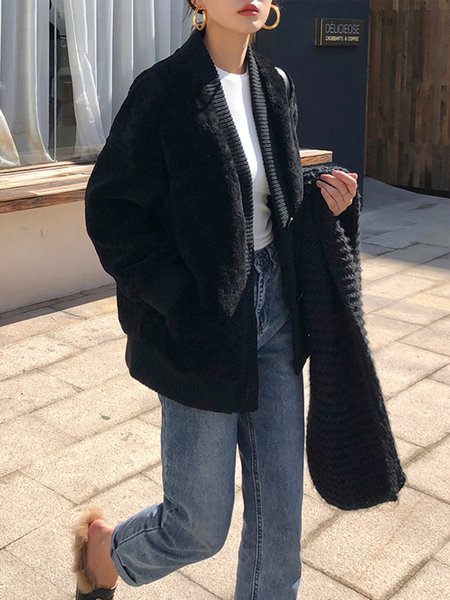 

Simple Long sleeve Plain Loose Teddy Jacket, Black, Coats
