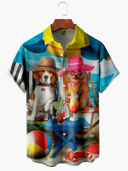 

Wonderland Dogs Party Chest Pocket Short Sleeve Hawaiian Shirt, Blue, Men Shirts