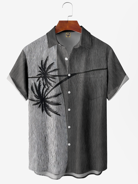 

Stripe Coconut Tree Chest Pocket Short Sleeve Hawaiian Shirt, Black, Men Shirts