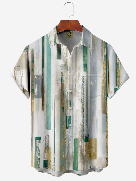 

Geometric Stripes Chest Pocket Short Sleeve Shirt, Green, Men Shirts