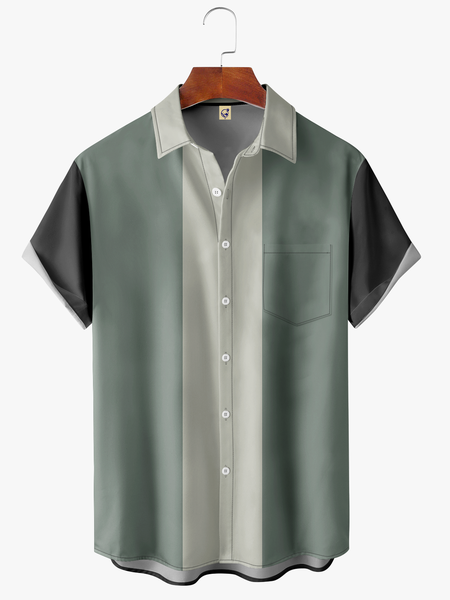 

Color Block Chest Pocket Short Sleeve Bowling Shirt, Green, Men Shirts