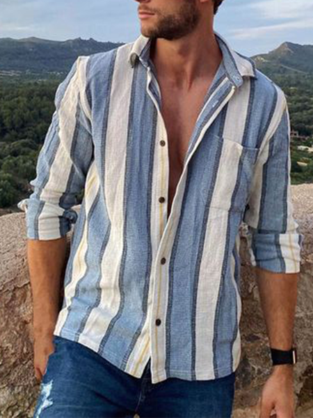

Striped Chest Pocket Long Sleeve Casual Shirt, As picture, Long Sleeve Shirts