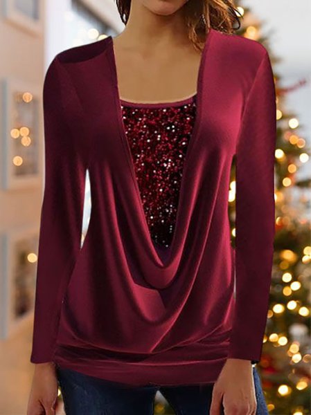 

Square Neck Casual Plain Glitter Top, Wine red, Tunics