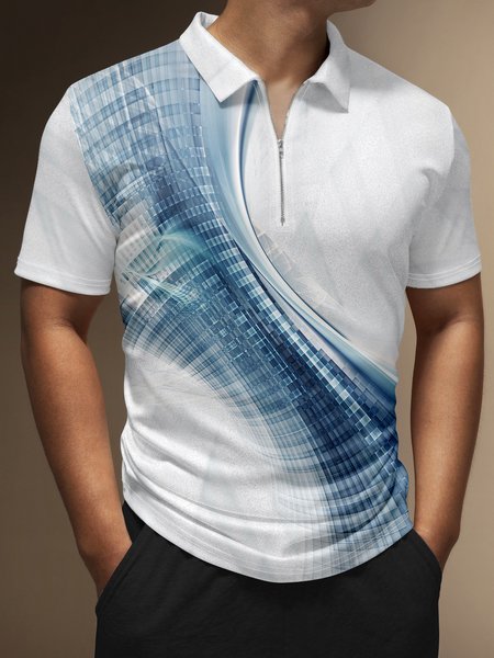 

3D Gradient Geometric Zip Short Sleeve Polo, Multicolor, Men's t-shirts