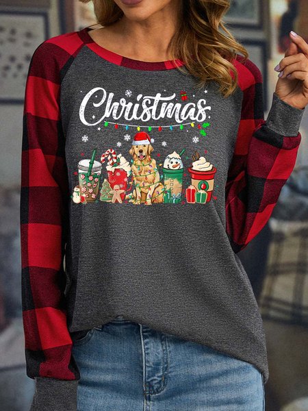 

Women’s Merry Christmas Dog Coffee Gift Casual Crew Neck Top, Gray, Long sleeves