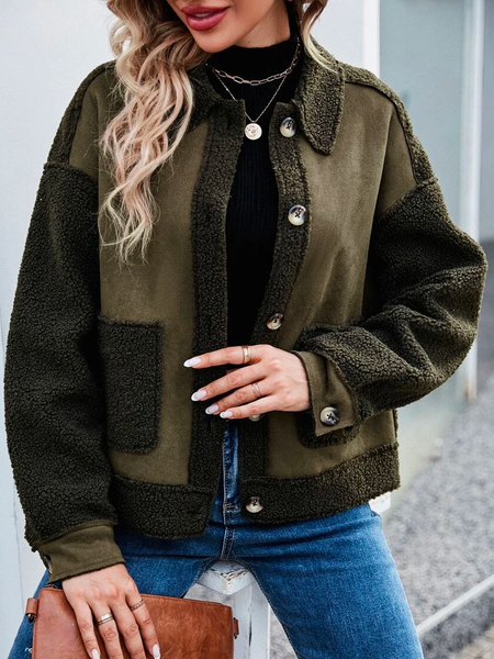

Color Block Casual Loose Cross Neck Teddy Jacket, Green, Coats