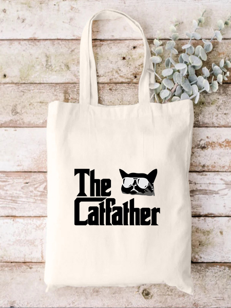 

The Catfather Animal Graphic Shopping Tote Bag, White, Bags