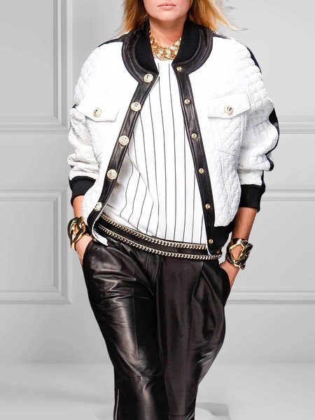 

Long sleeve Loose Urban Color Block Fleece Coat, White, Others