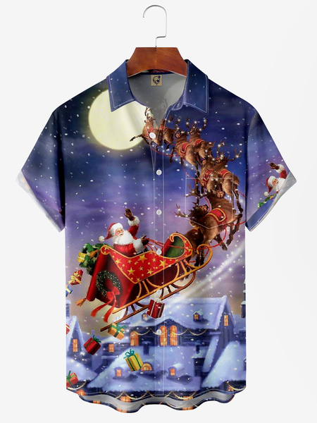 

Christmas Chest Pocket Short Sleeve Casual Shirt, Purple, Men Shirts